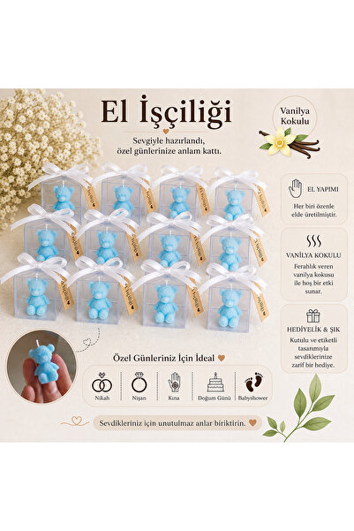 F&A Candle 20 ADET Kişiye Özel El Yapımı Mavi Ayıcık Mum – Vanilya Kokulu Nik...