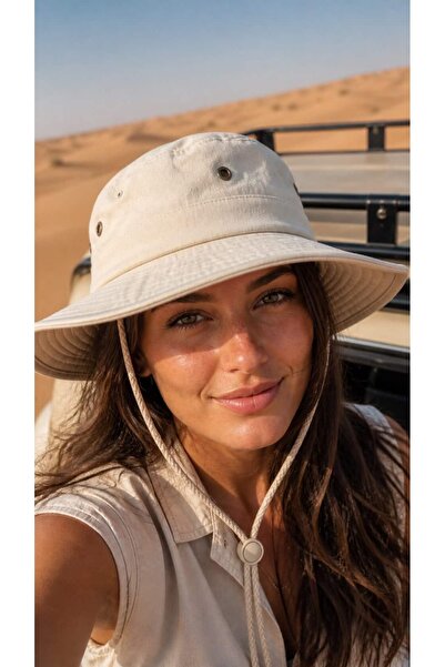 BALIENTE Pălărie de damă tip Safari Bucket, din in bej, cu șnur reglabil