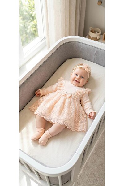 Miniday Baby Kız Bebek Mevlütlük Elbise Bandanalı Dantelli Yenidoğan Hastane ...