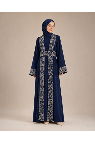 Zahara Lacivert Siyah Nakış İşlemeli Kuşaklı İçlikli Tesettür Abaya