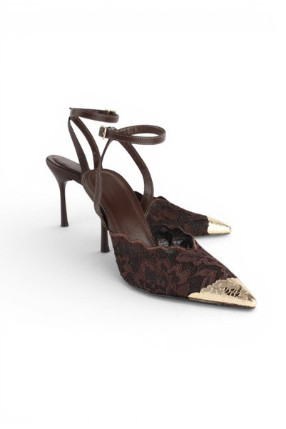 luuq shoes Lune Pointed Toe Lace Embroidered Gold Metal Buckle Heeled Shoes