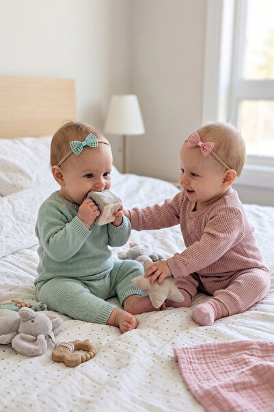 Liliza Accessories Pembe ve Yeşil Minik Fiyonk Yenidoğan Bebek Bandı Seti 2li