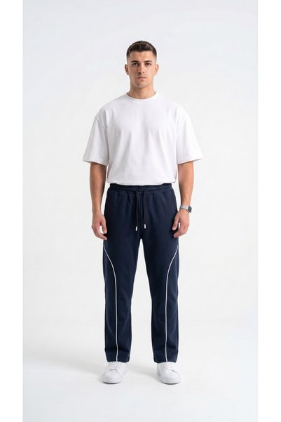 MODENZO Men's Navy Blue Color Wide Leg Baggy Sweatpants with Front Piping and Back Pocket Detail