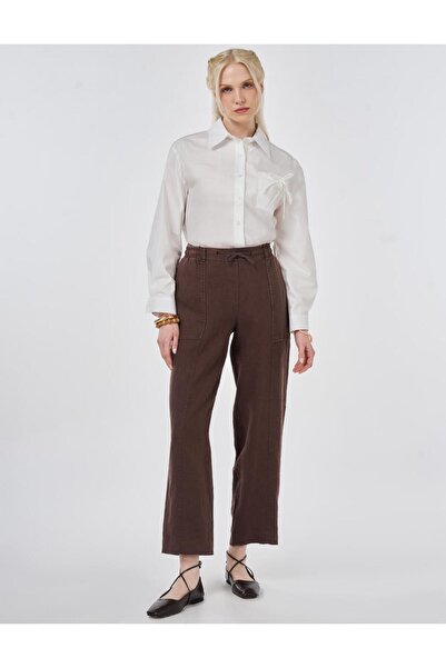 Kayra 100% Linen Patchwork Stitched Trousers Chocolate