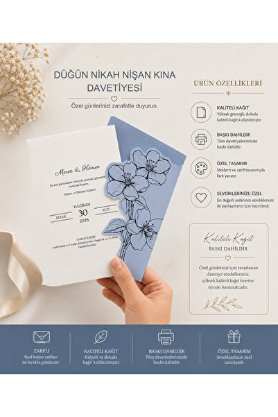 riva studio 50 Adet Baskı Dahil Özel Kesim Zarflı Premium Davetiye | Şık Lüks...