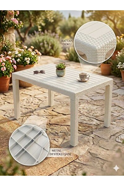 EVKO MOBİLYA Rattan 80x140 Masa, Plastik Masa, Bahçe Balkon Teras Masası, Kar...