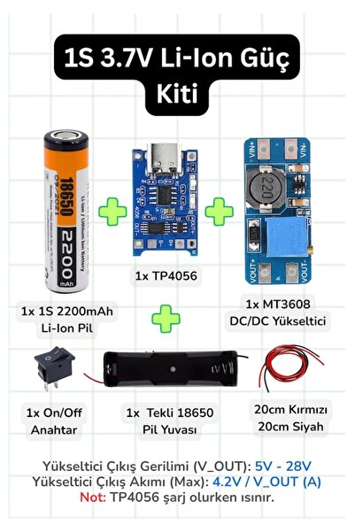 Arduino 18650 Li-ıon Pil Güç Kiti 1s 2200mah Tp4056 Şarj + Mt3608 Boost/yükse...