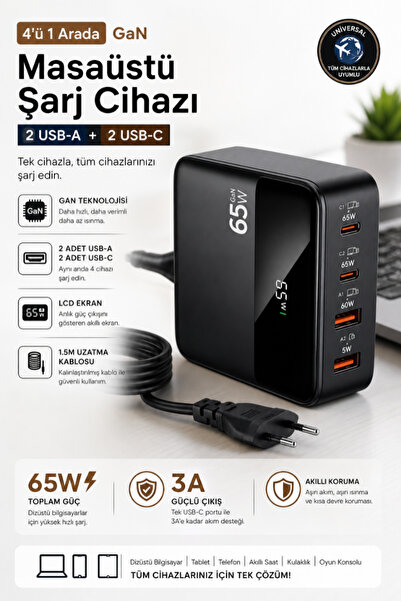 CROW'S TECH Şarj 65W GaN Masaüstü Şarj Cihazı 4’ü 1 Arada 2 USB-C 2 USB-A Hız...
