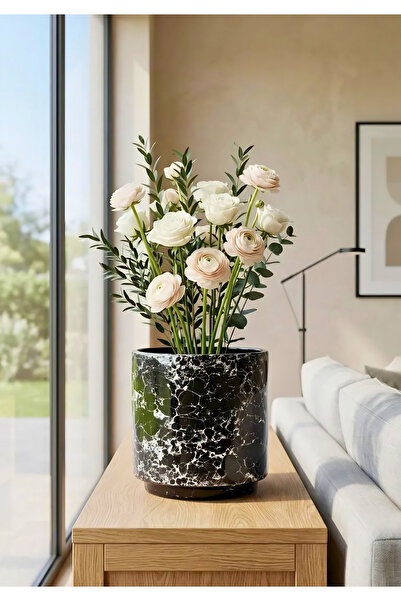 HOMİNG Elora Dekoratif Siyah Mermer Desenli Seramik Saksı 13 cm