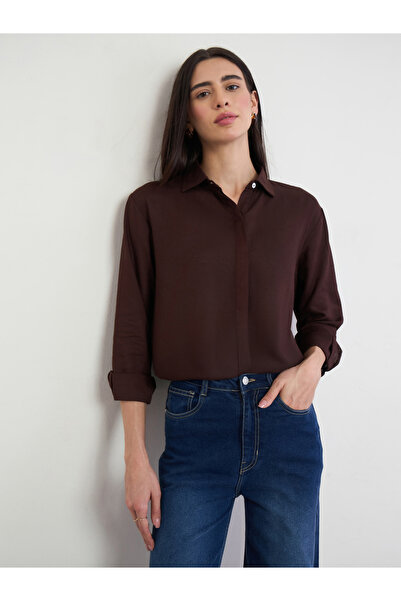Styli Brown Linen Blend Relaxed Fit Shirt