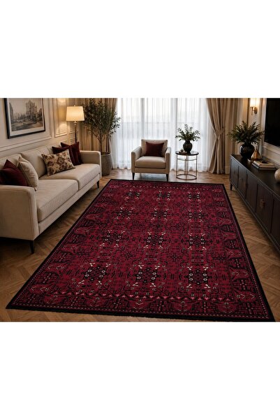 EceCarpetHome VıntageKırmızıAfganDesenliDijitalBaskıDokumaTabanSisalHalı