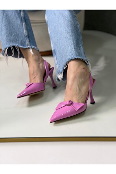 Kadın Pembe Rugan Fiyonk Detaylı Sivri Burun Slingback Topuklu Ayakkabı