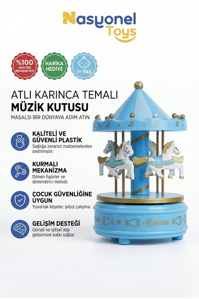 NASYONEL TOYS Çocuklar İçin Atlı Karınca Temalı Müzik Kutusu Oyuncak - Mavi Renk