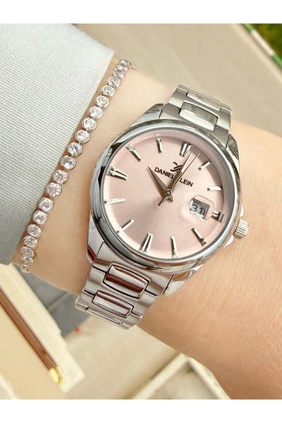 Daniel Klein Kadranı Pembe Takvimli 32 mm Gümüş Renk Kadın Kol Saati Ve Bileklik