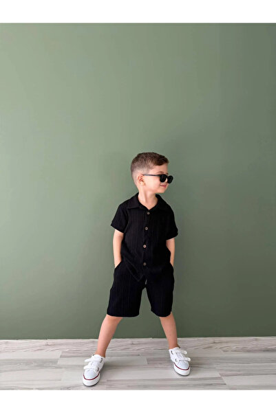 kidstalya Textured Fabric Black Shirt Shorts Boys' Set