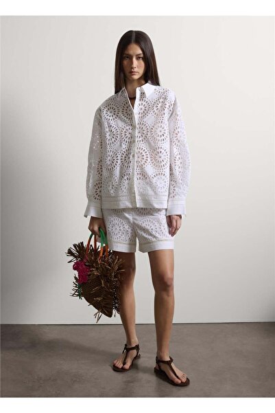 Stefanel Beyaz Pamuk Broderie Anglaise Oversize Gömlek