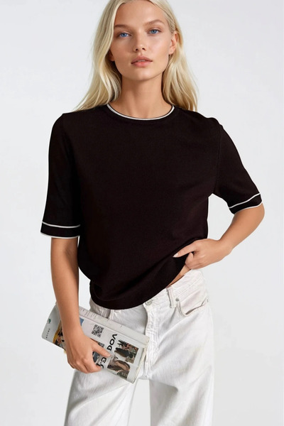 Asfaha Fashion Women's Piping Detailed Crew Neck Short Sleeve Knitwear Blouse