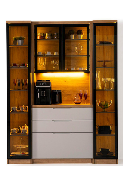 MAQ HOME Breda Çift Modüllü Cam Vitrinli LED Aydınlatmalı Kahve Köşesi Çok Am...