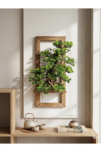 DDTREND Dekoratif Ledli Ahşap Duvar Saksısı Ve Gerçek Ağaç Dalı İle Yapay Çiçek Bonsai 25x25X60 Cm