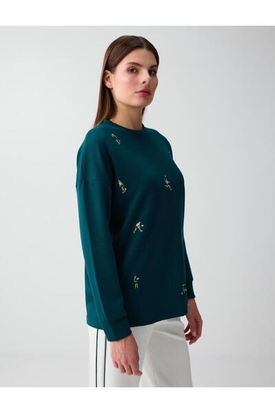 Jimmy Key Koyu Yeşil Bol Kesim Uzun Kollu Desenli Sweatshirt