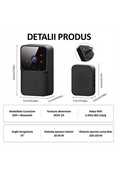 Smart Sonerie video wireless 1080P |   Control prin aplicație |   Viziune nocturnă HD |   WiFi 2.4GHz |   Negru