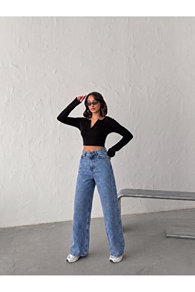 blue wings denım co. High Waist Stone Washed Pre-Processed Detailing Broad Legs