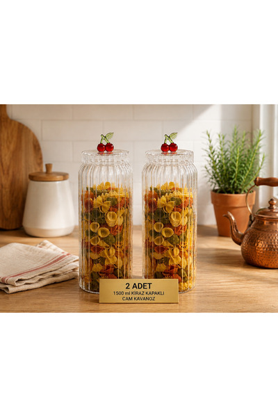 AC AMİSOS 2 Pcs 630ml Striped Glass Jar with Cherry Lid |   Decorative Kitche...
