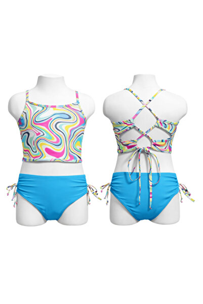onymino Girl's Colorful Patterned Strappy Bikini Set with Side Ties and Turqu...