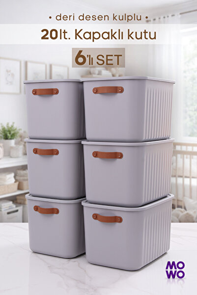 MOWO 6 Adet BigBox Kulplu 20 Lt Gri Dolap Düzenleyici Saklama Kutusu Sepet Or...