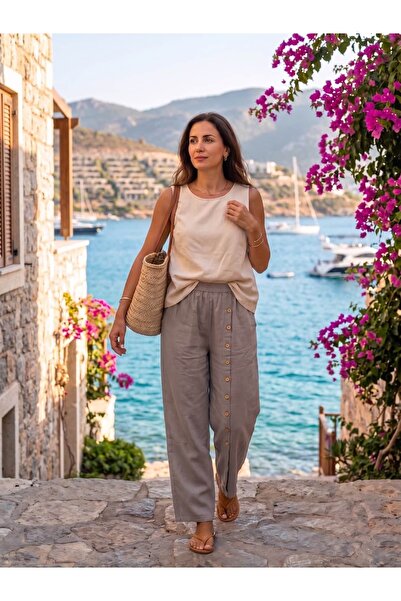 Punta Otantik PTS250202 Pantaloni Eva din bumbac cu nasturi, cu picior larg, ...