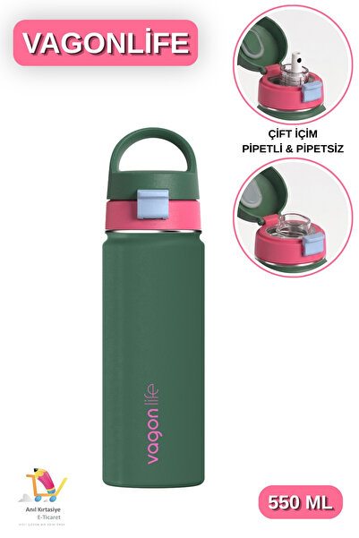 Vagonlife 550 ML Çift İçim - Pipetli / Pipetsiz Taşıma Kulplu Paslanmaz Çelik...