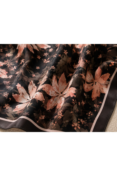 Êtoile Black Pink Floral Patterned Cotton Soft Square Scarf Nazende Series