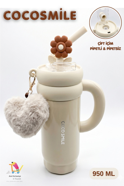 Vagonlife Cocosmile 950ML Askı Süs Hediyeli Çift İçim Pipetli/Pipetsiz Paslan...