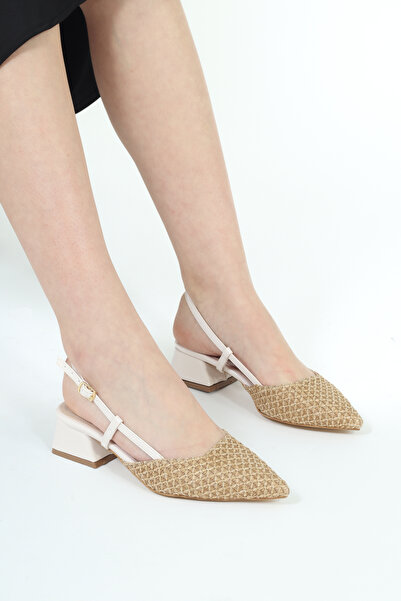 SİMOŞ Women's Straw Beige Patent Leather Open-Back Pointed Toe Heeled Shoes