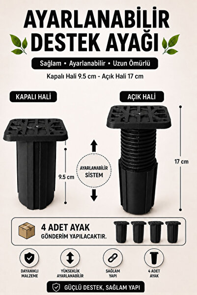 Badem10 Kare Başlı Siyah 4 Adet Mobilya Destek Ayağı 9.5x17 Cm Ayarlanabilir ...