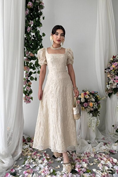 Nils Boutique Kare Yaka Balon Kol Zarif Mirabella Midi Elbise