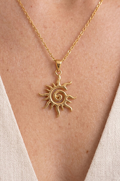 AURRARİ Gold Striped Sun Pendant Necklace 45cm