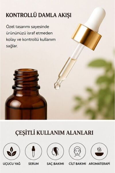 Kozpak Tekli 30 ml Amber Cam Premium Serum Şişesi Beyaz Gold Damlalıklı 30 ml...