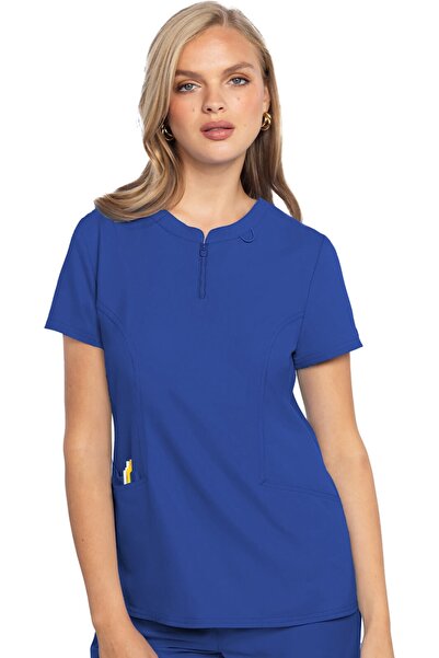 Med Couture Jachetă medicală Henley pentru femei, cu fermoar frontal, albastr...