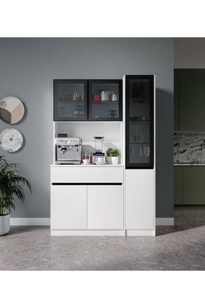 GuneyStore Lotus Midi Sağ Vitrinli Kahve Köşesi Komple MDF LED Mutfak Dolabı - Ücretsiz Montaj