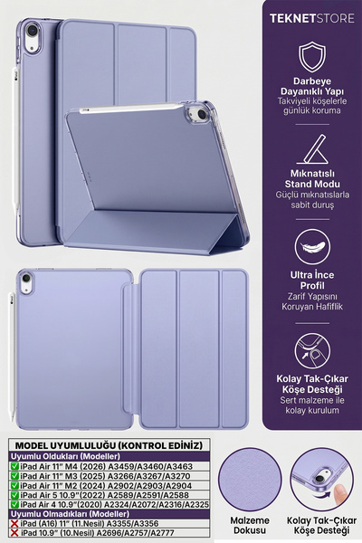 TEKNETSTORE iPad Air 11" M4 M3 M2 Uyumlu Kılıf Ultra İnce Standlı Akıllı Uyku...