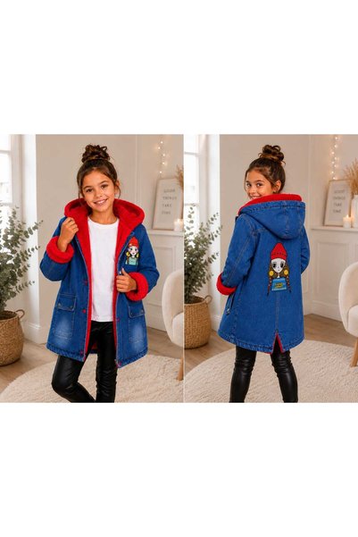 Burçak Butik Girl's Hooded Plush Fur Denim Coat