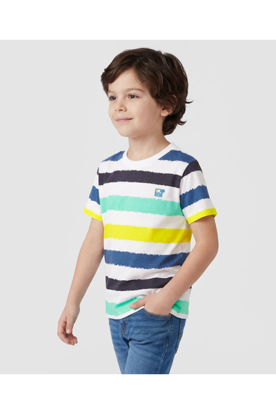 Pine kids تي شيرت قطني محبوك بأكمام نصفية مع خطوط - أبيض