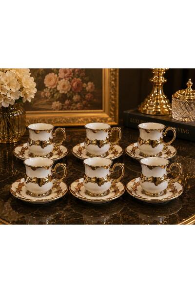 decovien 6 Kişilik Özel Tasarımlı Gold Yaldız Detaylı Porselen Kahve Fincan T...