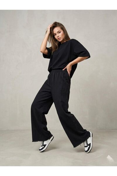 Lunsera Store Washed Tassel Trousers-Black