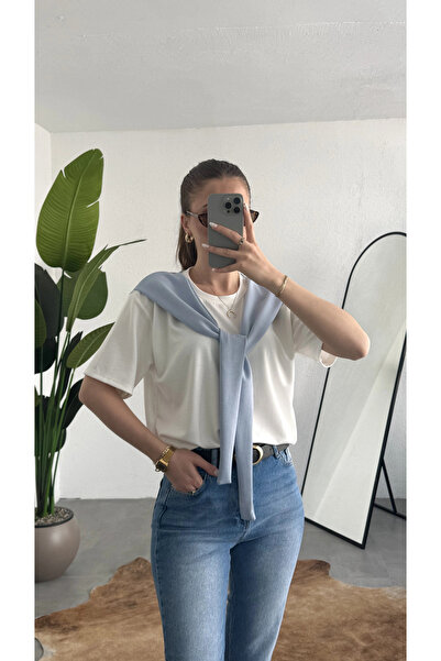 asfamoda Women's White Shawl Detailed Oversize Basic Women's T-Shirt Blouse B...