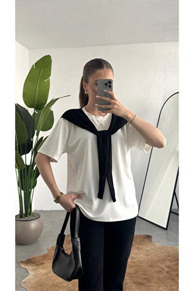 asfamoda Women's White Shawl Detailed Oversize Basic Women's T-Shirt Blouse B...