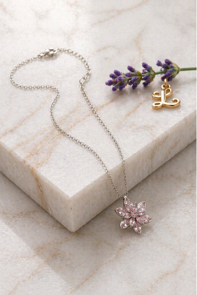 Luviant 316L Çelik Gümüş Renk Pembe Markiz Kristal Taşlı Lotus Çiçeği Kolye A...