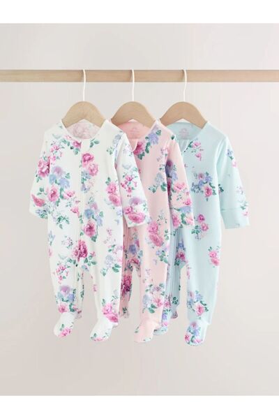 Next Baby Cotton Cream Pink Floral Patterned 3-Piece Jumpsuit Set