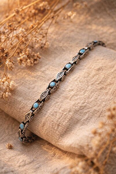 LUVE STORE 925 Ayar Gümüş Turkuaz Taşlı Oksitli Bileklik – Unisex Desenli Güm...